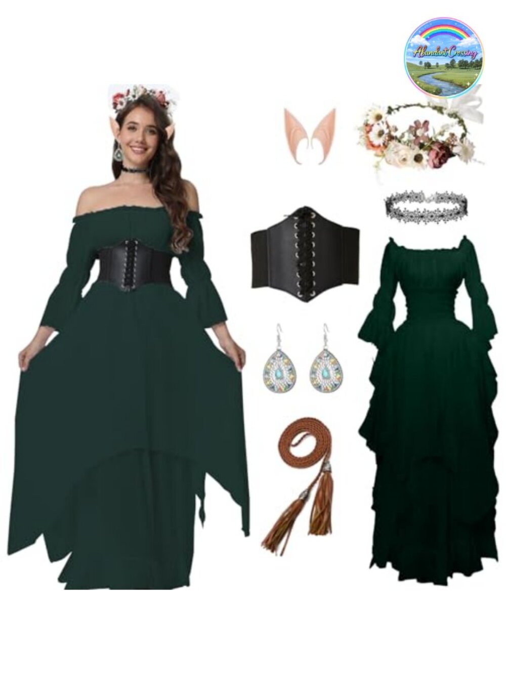 Renaissance Fairy Witch Dress 7pc Costume Set Off-Shoulder Chemise Medieval